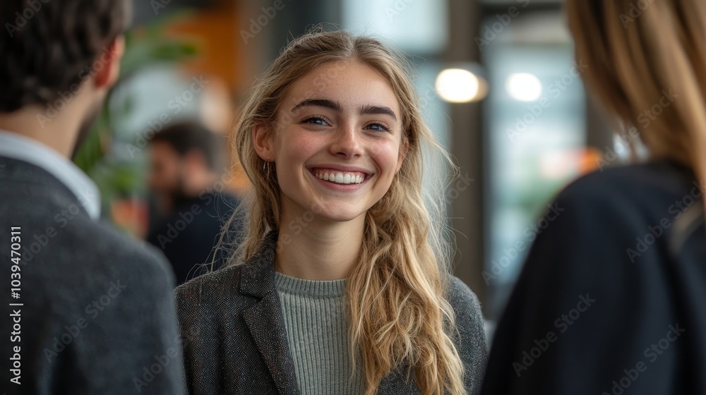 Young professionals smiling at each other in a modern workspace, Generative AI