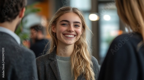Obraz na płótnie Young professionals smiling at each other in a modern workspace, Generative AI w salonie