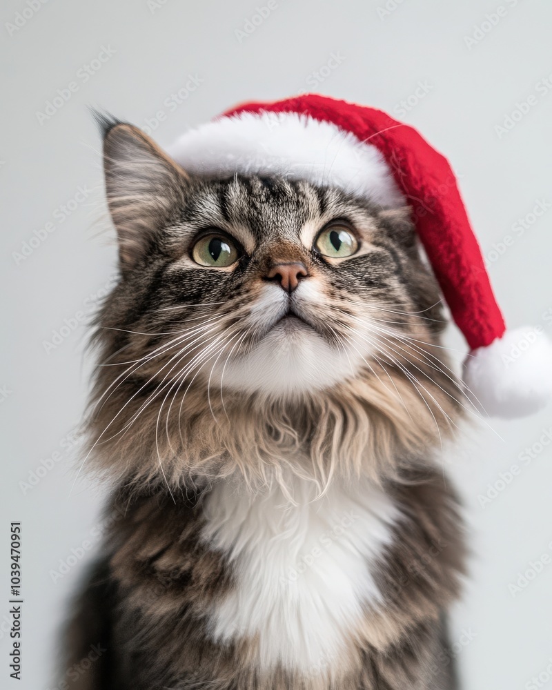 Cat With Santa Cap. Adorable Little Long-Haired Maine Kitten on White Background Cat With Santa Cap. Adorable Little Long-Haired Maine Kitten on White Background
