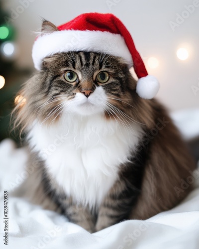 Cat With Santa Cap. Adorable Kitten with Long-Haired Maine Coon on White Background