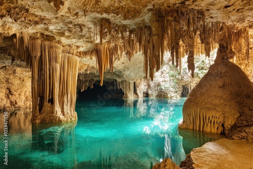 Cave Stalactite. Speleology Adventure in Exotic Cenote with Stalactites and Diver