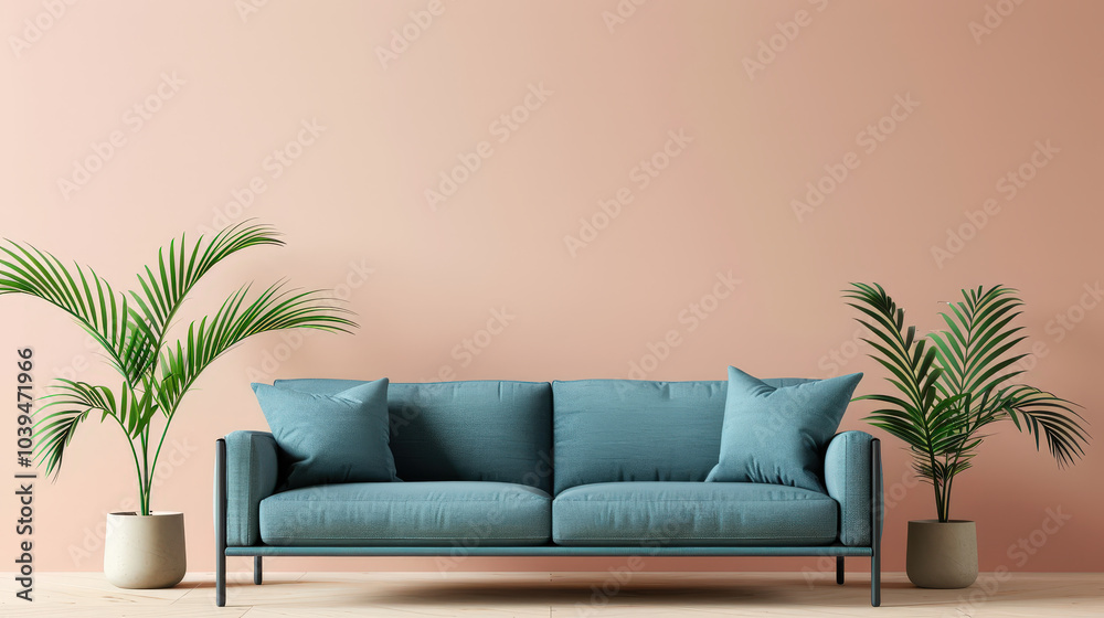 pastel blue sofa with teal cushions creates cozy atmosphere, complemented by lush green plants against soft peach wall. This inviting setup enhances any living space pastel blue sofa with teal cushions creates cozy atmosphere, complemented by lush green plants against soft peach wall. This inviting setup enhances any living space