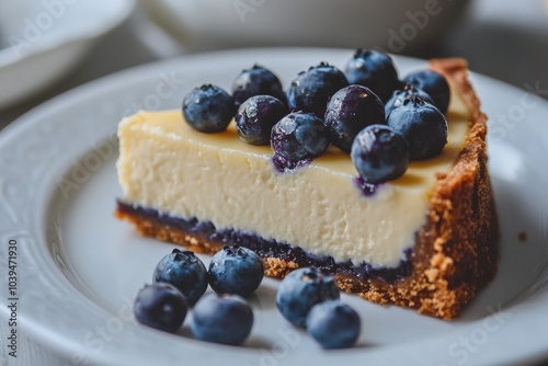 Cheesecake With Blueberries. Closeup of Baked Delicious Blueberry Cake on Plate