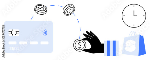 Vector of a hand placing coins into a credit card, indicating a payment process. Includes a clock and shopping bag. Ideal for online shopping, e-commerce, payment systems, financial management