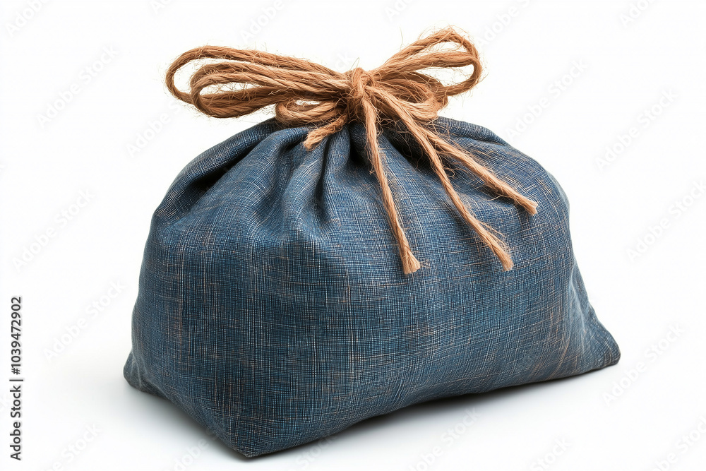 A tied denim bag filled with unknown contents placed on a plain white background A tied denim bag filled with unknown contents placed on a plain white background