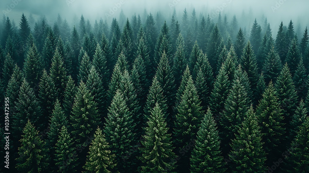 Coniferous Trees Soaring High in the Foggy Forest Coniferous Trees Soaring High in the Foggy Forest