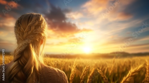  Woman's braided head turned toward wheat field at sunset..Or:..At sunset, a woman's braided head faces a wheat field