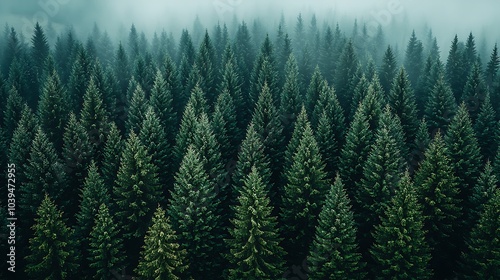 Coniferous Trees Soaring High in the Foggy Forest