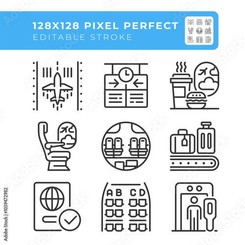 Airport services linear icons set. Passenger experience and airport operations. Travel logistics. Customizable thin line symbols. Isolated vector outline illustrations. Editable stroke