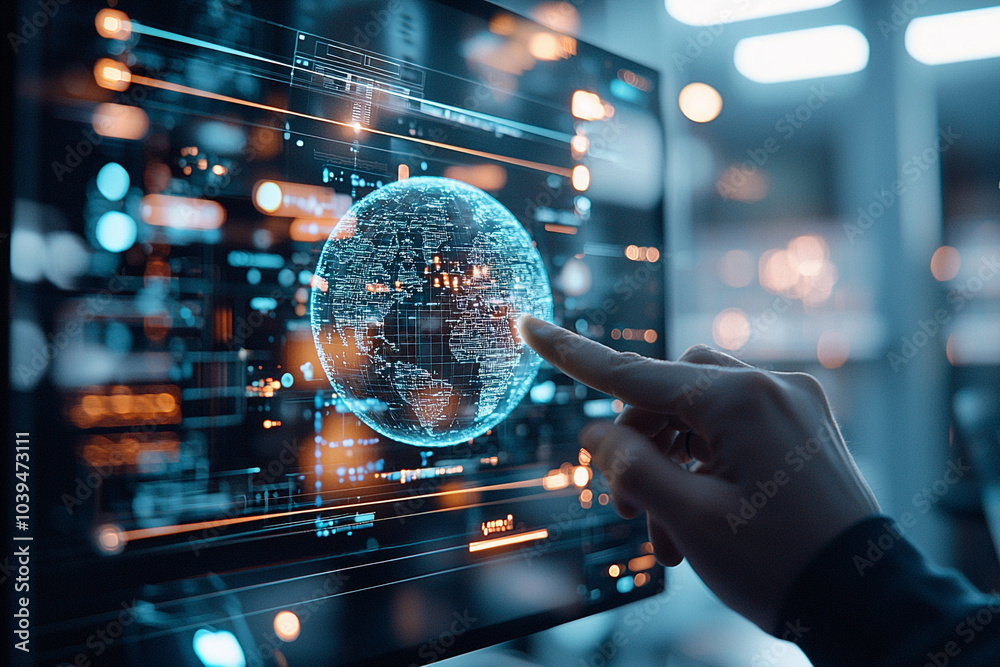 Fototapeta premium Exploring a futuristic blue holographic globe with an interactive world map bridging technology and global awareness