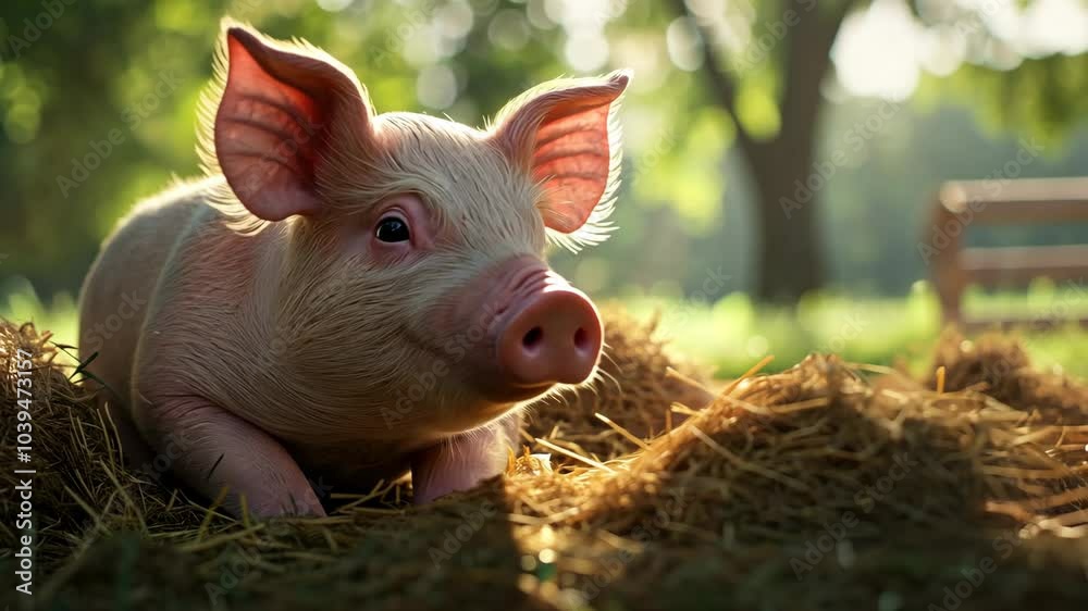 A young piglet lays in a bed of straw on a sunny day A young piglet lays in a bed of straw on a sunny day