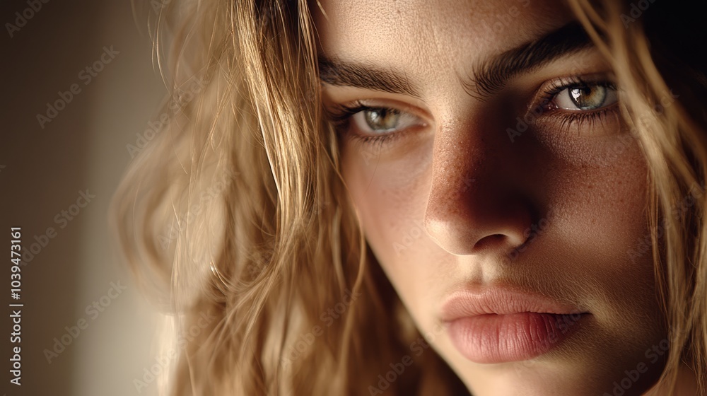 A tight shot of a woman with long blonde tresses and piercing blue eyes gazing intently into the lens, her expression somber A tight shot of a woman with long blonde tresses and piercing blue eyes gazing intently into the lens, her expression somber
