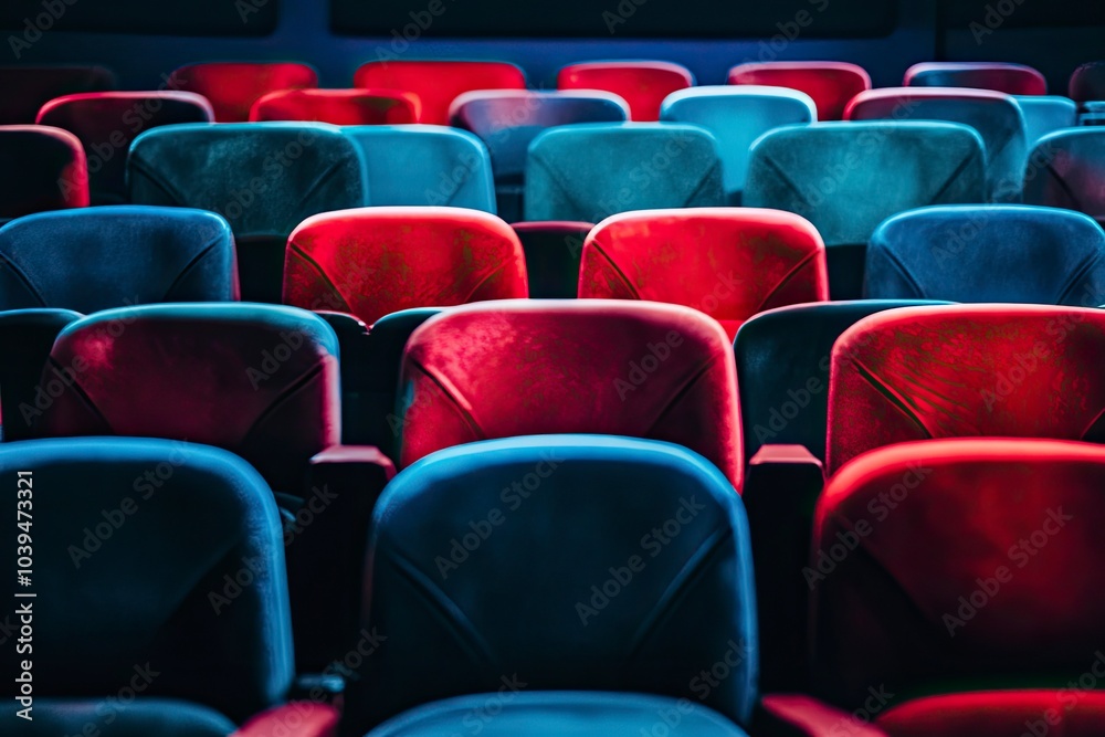 Fototapeta premium High contrast image of empty movie theater seats with generative ai