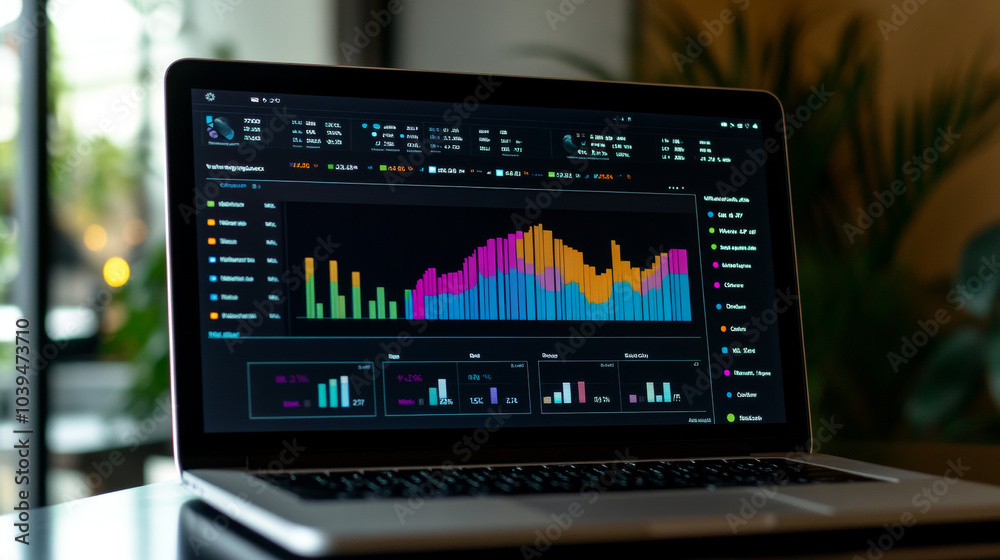 A modern laptop screen shows charts and graphs representing sales, finance,and project progress.The data is displayed on bright cards,offering a clear visual overview of digital marketing performance. A modern laptop screen shows charts and graphs representing sales, finance,and project progress.The data is displayed on bright cards,offering a clear visual overview of digital marketing performance.