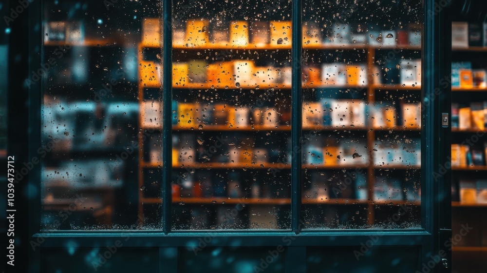 Raindrops on window revealing bookstore interior.