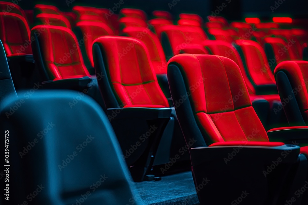 Fototapeta premium High contrast image of empty movie theater seats with generative ai