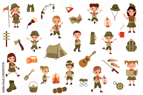 Child scouting. Set of boy and girl scouts in uniform in different poses. White background, isolate	