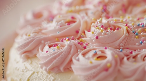 Pastel colored birthday cake with sprinkles and pink buttercream swirls, low depth of focus.