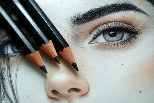 Close-up view of a realistic eye drawing with colored pencils beside it, highlighting the intricate details in shading and color blending photo