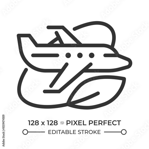 Sustainable aviation linear icon. Eco-friendly air travel. Environmental awareness in the aviation industry. Thin line illustration. Contour symbol. Vector outline drawing. Editable stroke