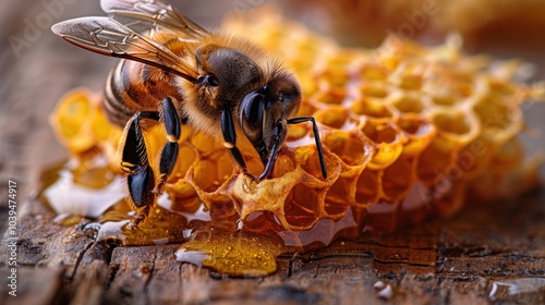 Bee on honeycomb in nature . Honey bee on honeycomb on the table photo