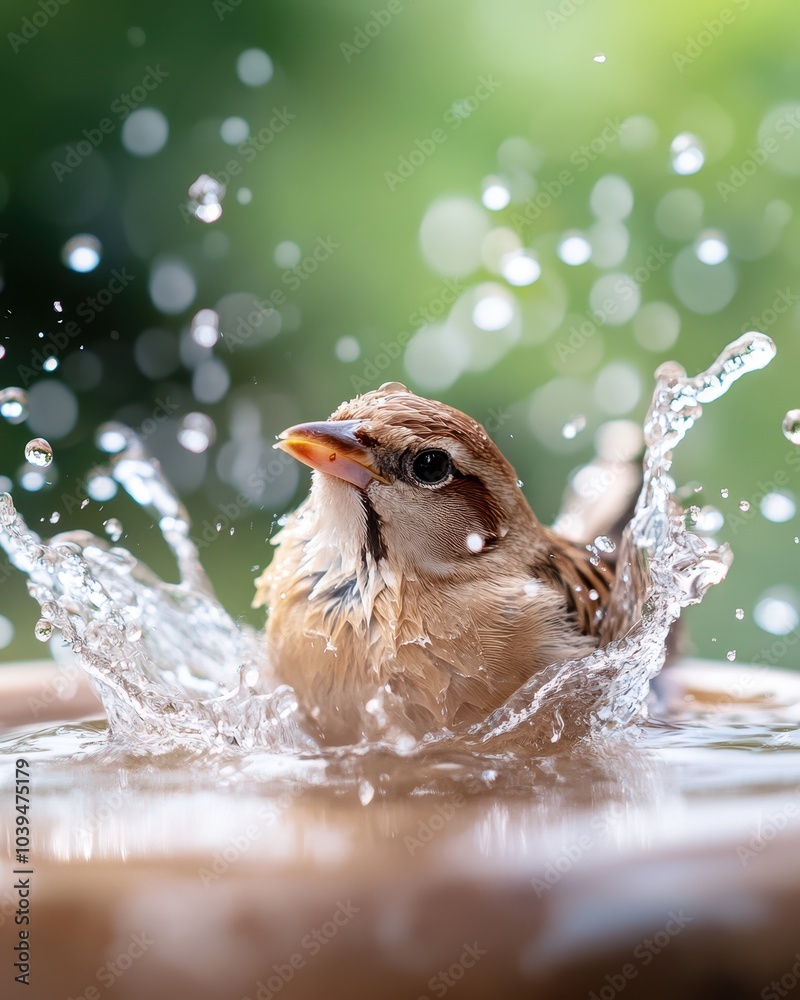 Bird Enjoying a Splash in a Birdbath