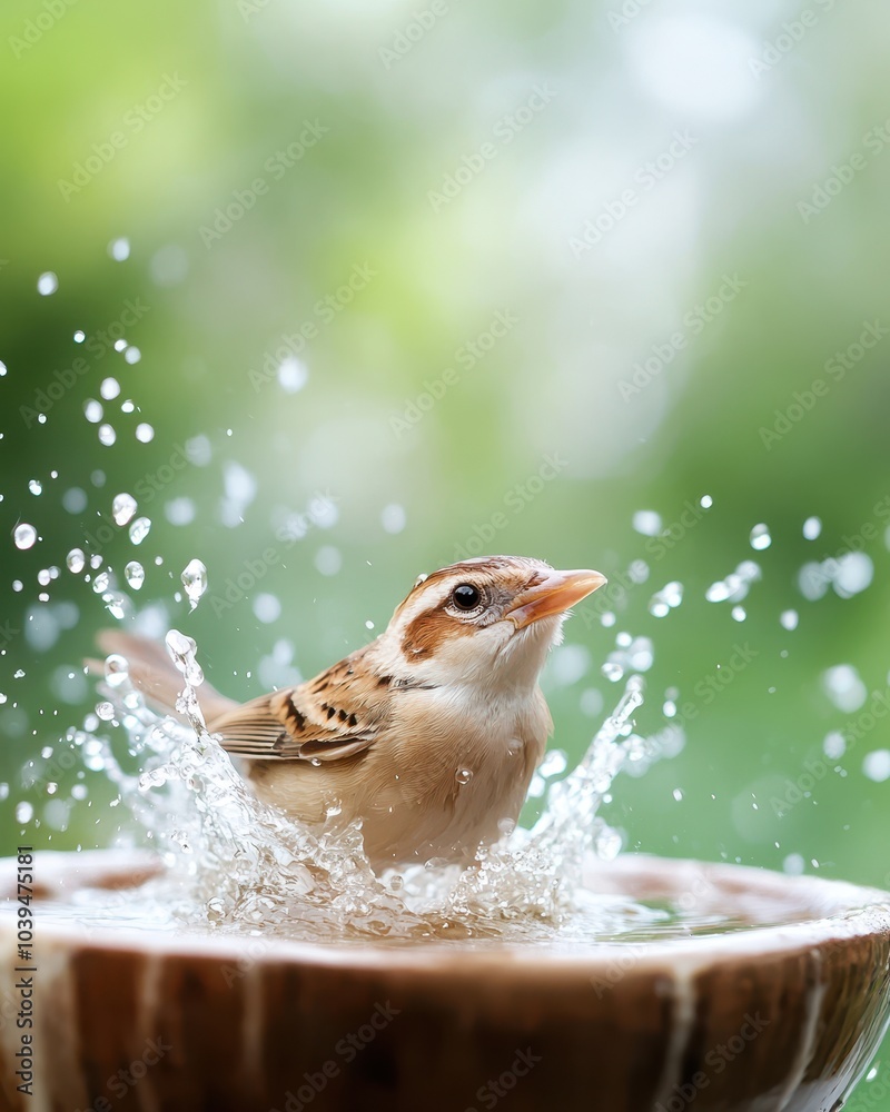Bird Splashing in Birdbath Under Soft Natural Light Bird Splashing in Birdbath Under Soft Natural Light