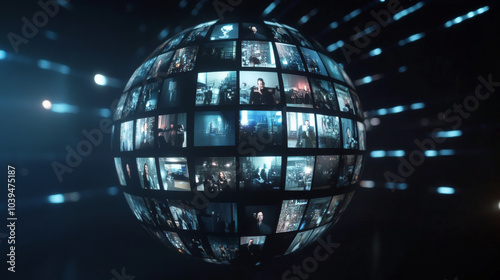 A shiny, globe-shaped image with pictures arranged in rows. It's against a dark background.  This symbolizes how technology connects professionals in video conferences. photo