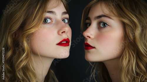  A tight shot of one woman wearing lipstick smudged on her cheek Another woman's face visible beside her