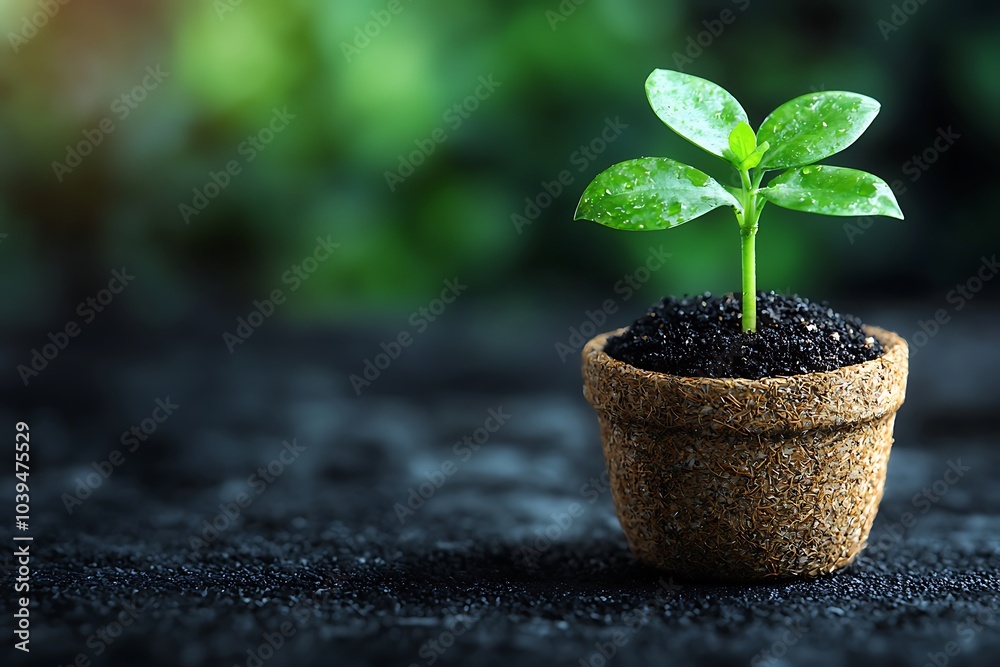 New Life Sprouting in a Small Pot with Green Leaves and Water Drops on a Dark Background New Life Sprouting in a Small Pot with Green Leaves and Water Drops on a Dark Background