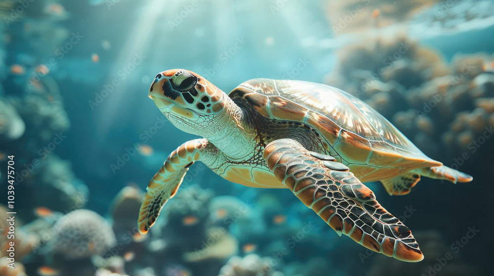 A sea turtle swimming gracefully underwater, its shell detailed in bright sunlight, minimalistic blurred coral reef background.
