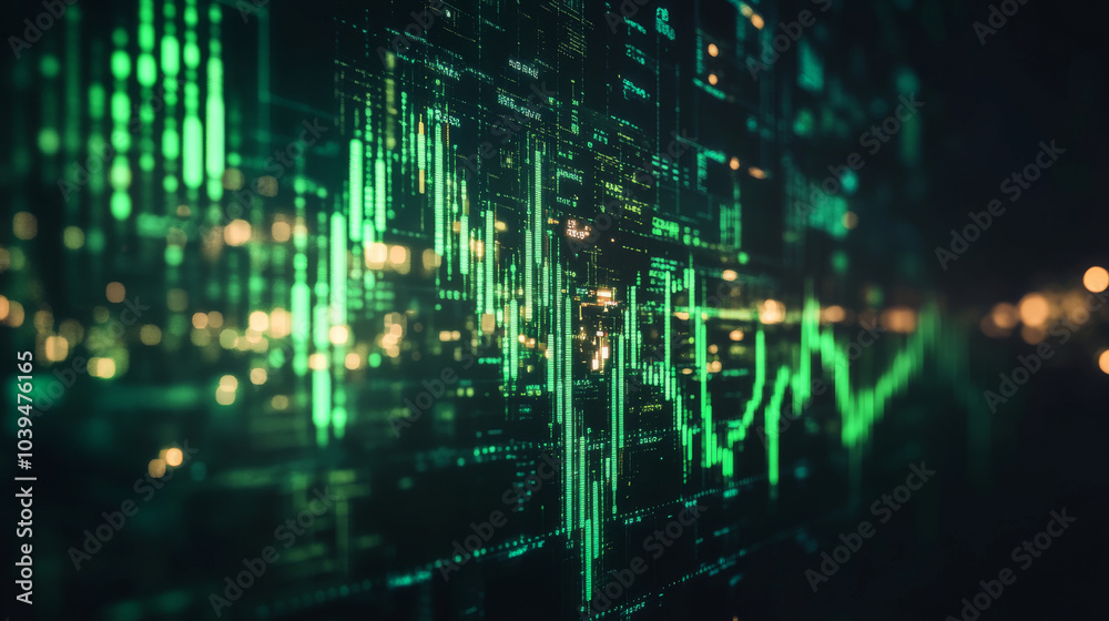 A holographic candlestick chart, glowing green against a dark backdrop, represents the world of trading and the stock market. A holographic candlestick chart, glowing green against a dark backdrop, represents the world of trading and the stock market.