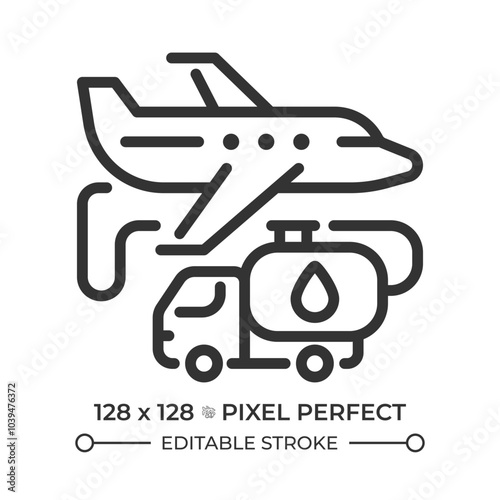Aviation fuel linear icon. Process of refueling aircraft for air travel operations. Plane and fuel truck. Thin line illustration. Contour symbol. Vector outline drawing. Editable stroke