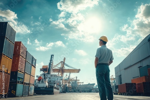 Wallpaper Mural Realistic candid photo of a logistics manager at a shipyard warehouse, standing tall as they observe the busy operations beneath a bright blue sky. The photograph’s styling is like that of a high-end Torontodigital.ca