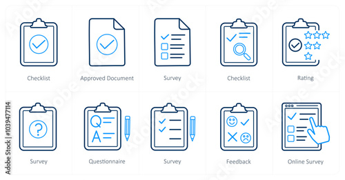 A set of 10 survey and ratings icons as checklist, approved document, survey