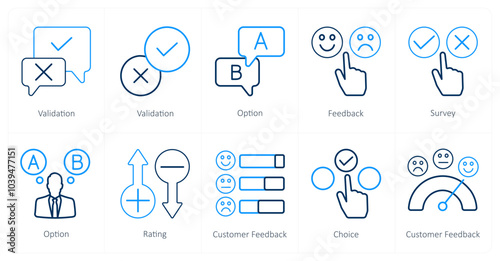 A set of 10 survey and ratings icons as validation, option, feebback