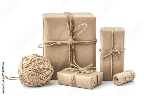 Wrapped gifts with natural twine, showcasing a rustic and handmade appeal.