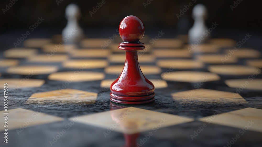 Close-up of a Red Chess Pawn on a Checkered Board with Blurred Background Pieces in Strategic Game Setting Close-up of a Red Chess Pawn on a Checkered Board with Blurred Background Pieces in Strategic Game Setting