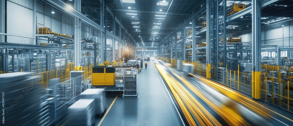 Very realistic and photographic photo of a modern warehouse filled with sleek automation machinery and motion-blurred workers in a fast-paced environment The long exposure effect captures the Very realistic and photographic photo of a modern warehouse filled with sleek automation machinery and motion-blurred workers in a fast-paced environment The long exposure effect captures the