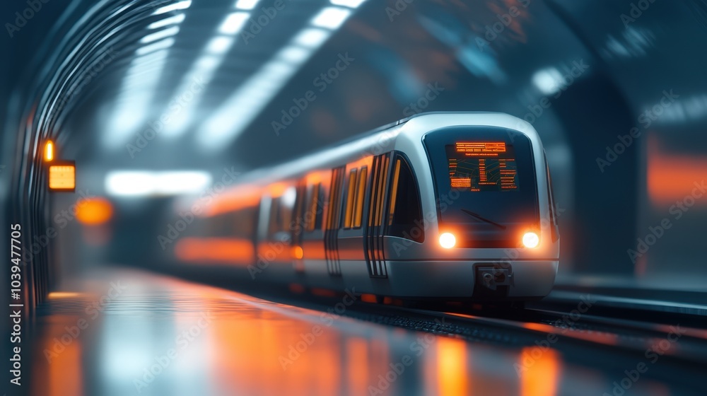 modern subway train in motion in a tunnel