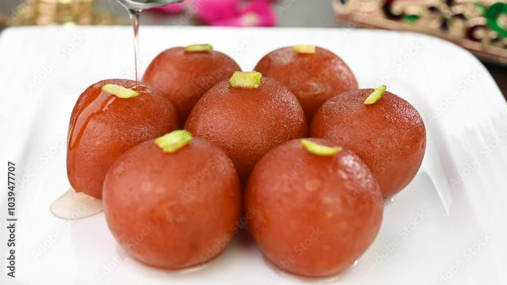 Pouring sugar syrup on gulab jamun sweet dish. Pouring sugar syrup on gulab jamun sweet dish.