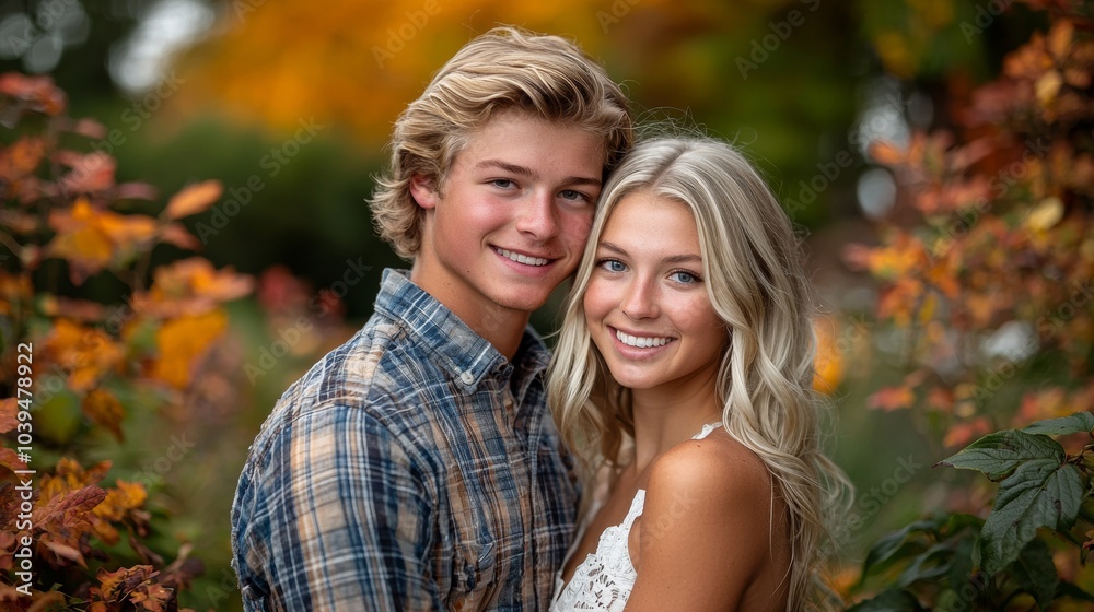 Fototapeta premium Portrait Of Happy Loving Couple Hug In Autumn Park Together