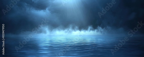 Abstract background of dark blue with light rays and mist, spotlight on an asphalt floor for display products. Dark scene with reflections from the water surface