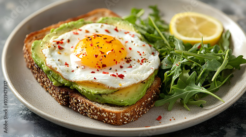 A hearty and healthy breakfast plate with whole grain toast, smashed avocado, a poached egg, and a sprinkle of chili flakes, served alongside a small arugula salad with lemon dressing