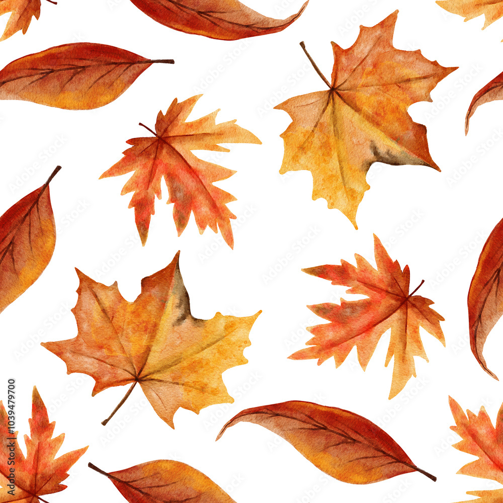 Hand drawn seamless pattern with fall autumn leaf leaves, maple oak acorn. Natural wild forest wood woodland background in red orange yellow. Vintage fabric print, elegant nature natural print Hand drawn seamless pattern with fall autumn leaf leaves, maple oak acorn. Natural wild forest wood woodland background in red orange yellow. Vintage fabric print, elegant nature natural print
