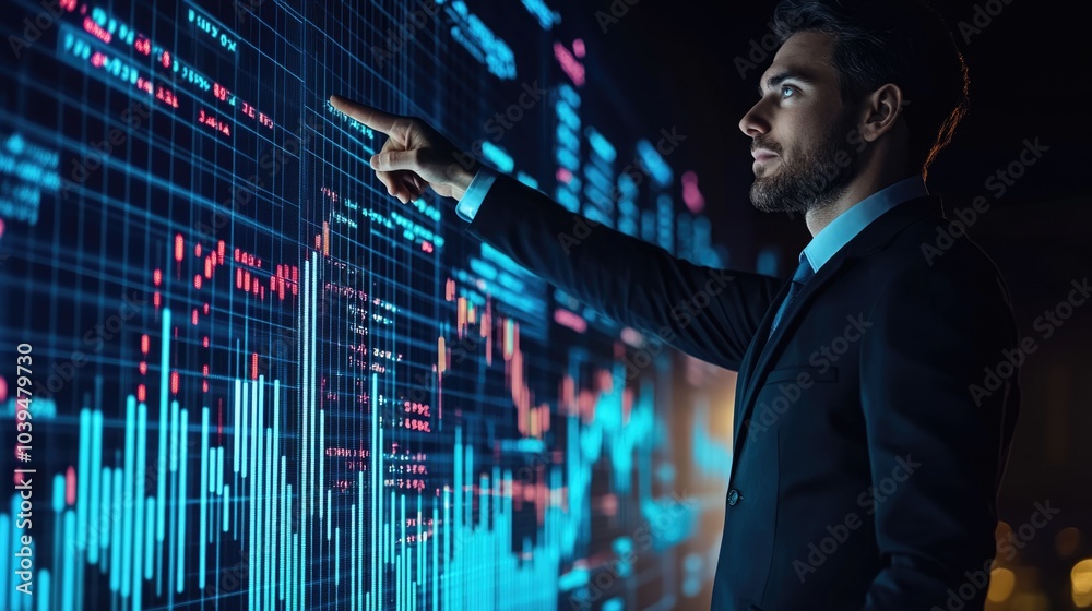 Very realistic photo of a businessman confidently pointing at a rising bar graph with stock market data in the background Depicting financial achievement and corporate growth Styled like a high-end Very realistic photo of a businessman confidently pointing at a rising bar graph with stock market data in the background Depicting financial achievement and corporate growth Styled like a high-end