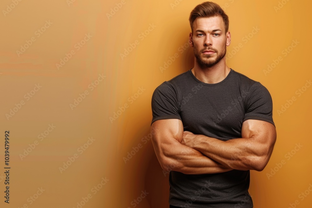 Cropped view of a smart, muscular man standing confidently, presenting with a fit body against a solid color background, blending strength with intelligence Cropped view of a smart, muscular man standing confidently, presenting with a fit body against a solid color background, blending strength with intelligence