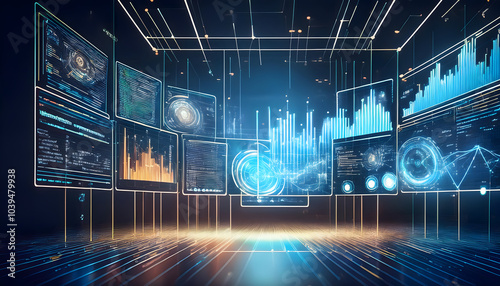 Futuristic data visualization interface with interactive graphs and metrics for enhanced analytics and decision-making in technology