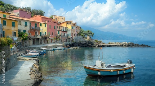 A small boat docked in a quaint village, used for artisanal fishing, with locals preparing for the dayâ€™s catch