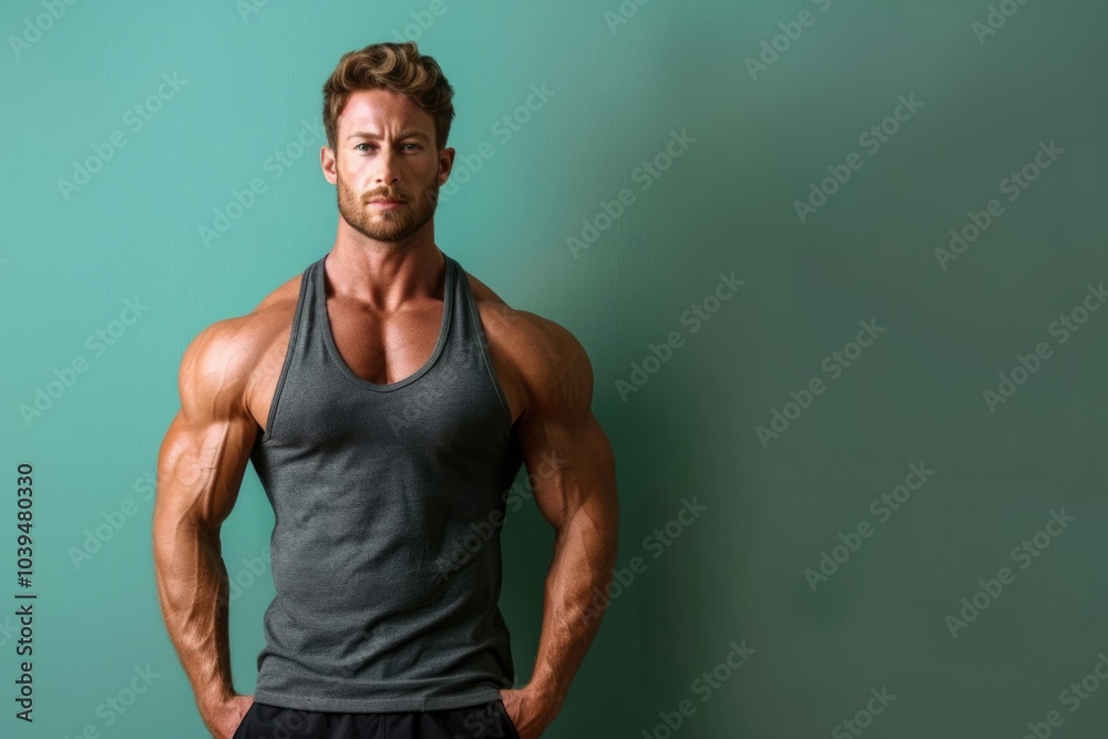 Muscular man with a calm, determined posture, standing against a solid color background, perfect for gym marketing that emphasizes holistic fitness
